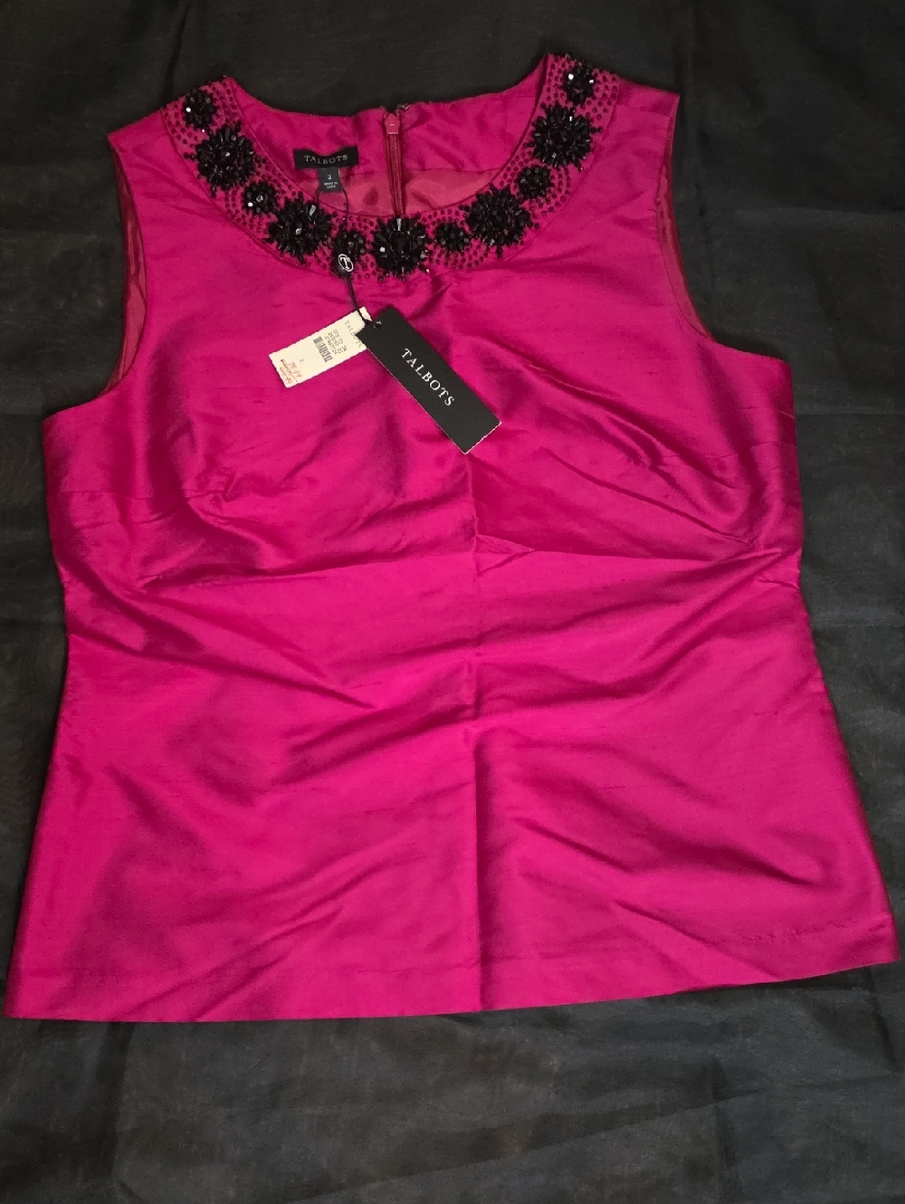 # 216 NWT Talbots 100% Silk Fuchsia Pink Beaded Bejeweled Sleeve Size 2